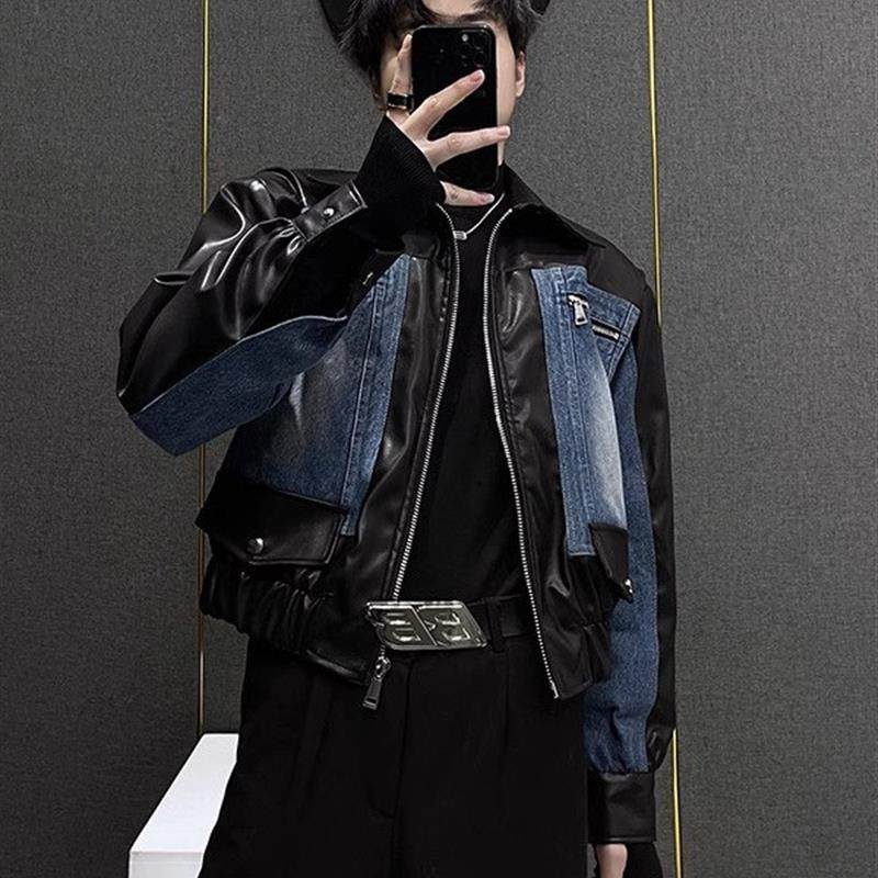 复古拼皮牛仔外套男秋款小众拼接设计韩版小个子短款夹克休闲上衣