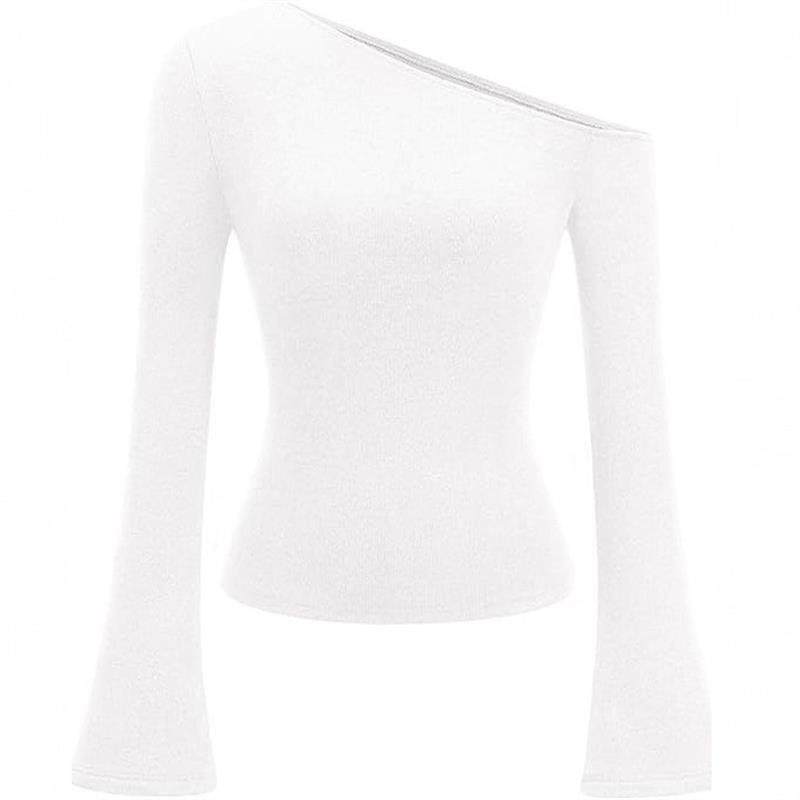 2025跨境秋季新款斜领长袖少女甜美性感斜肩露肩修身打底衫T恤