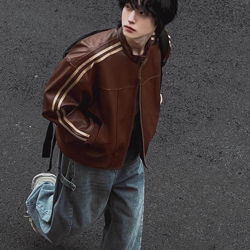 美拉德风皮衣外套男士春秋季宽松立领上衣韩版潮流机车皮夹克潮
