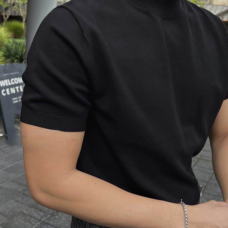 黑色半高领套头针织T恤男士美式型男短袖毛衣潮流修身打底半袖衫
