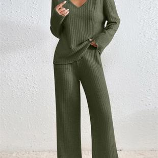 女 套装 2025秋冬欧美亚马逊Wish热销新款 V领宽松休闲坑条磨毛长袖