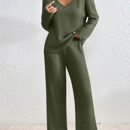 2025秋冬欧美亚马逊Wish热销新款 V领宽松休闲坑条磨毛长袖套装女