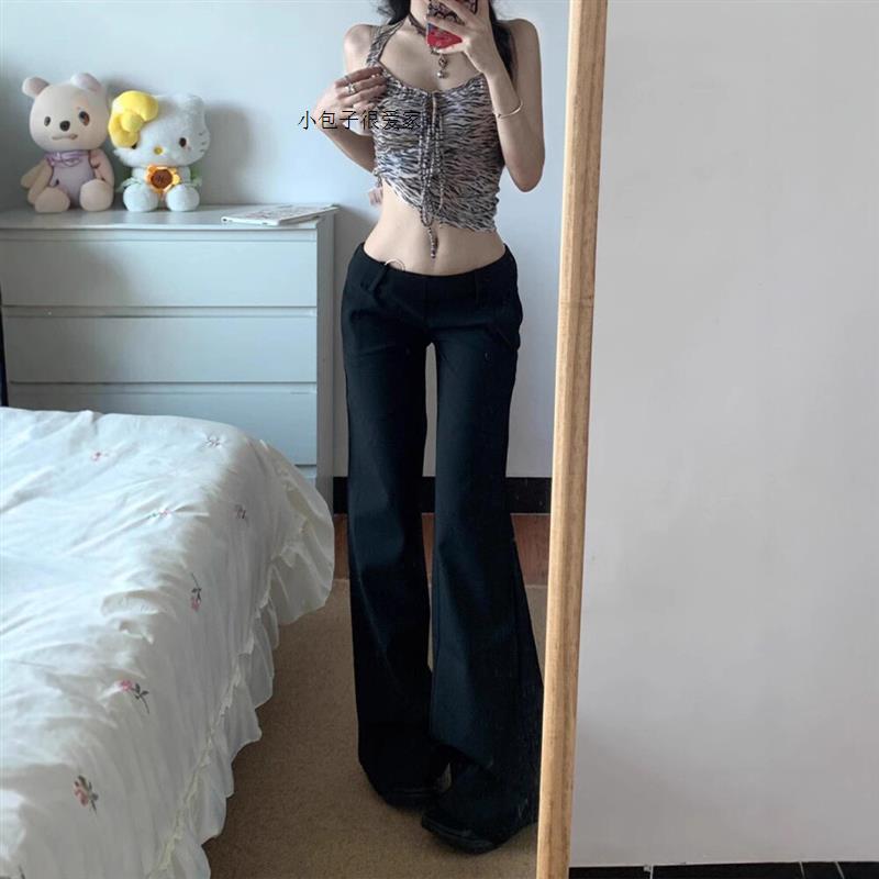 设计感黑色低腰西装裤女夏季直筒微喇裤辣妹显瘦拖地裤薄款休闲裤图片