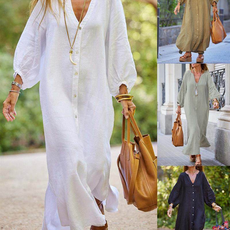 2025新款秋冬跨境亚马逊棉麻衬衫时尚休闲长袖开衫连衣裙女