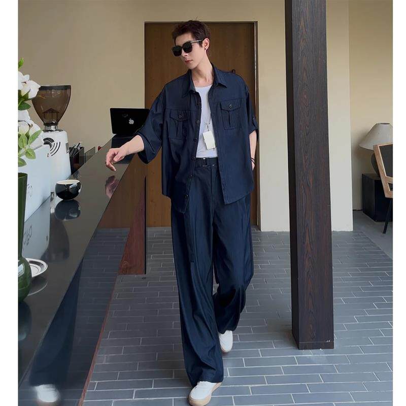 冰丝痞帅衬衫男装套装时尚宽松软牛仔套装秋季薄款短袖两件套