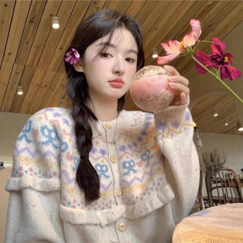 温柔费尔岛花边针织开衫2025秋冬新款宽松甜美清新花边毛衣外套女