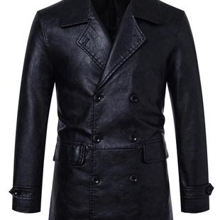 翻领皮外套双排扣修身 风衣男士 欧美大衣外套男 中长款 跨境外贸欧码