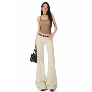 米白色复古低腰微喇牛仔裤女春夏新款修身显瘦垂感百搭拖地喇叭裤