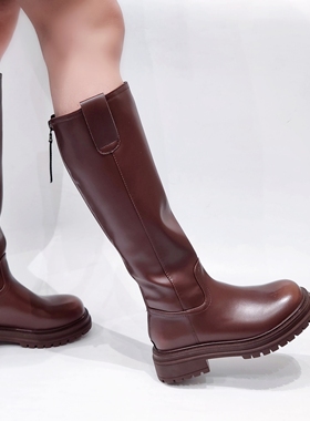 46007处理秋冬季新款女鞋时尚百搭中跟加绒保暖百搭英伦高筒靴