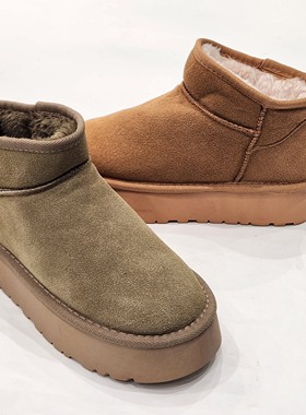 68033磨砂牛皮特价雪地靴冬短筒厚底增高短靴加厚加绒保暖棉鞋