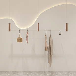 服装 店展示架不锈钢仿胡桃悬挂陈列货架 店吊顶专用挂衣架吊架女装