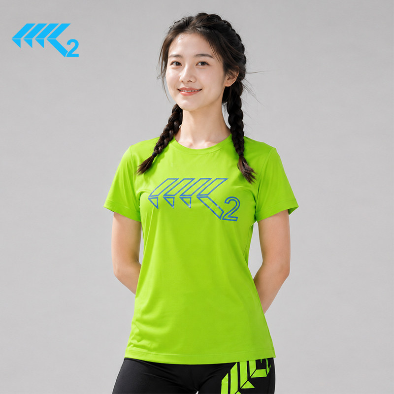 K2跑马拉松装备专业跑步速干T恤女瑜伽跑步户外运动短袖绿色上衣