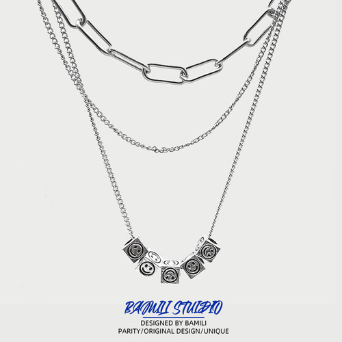 方格笑脸叠戴项链男女锁骨链高级