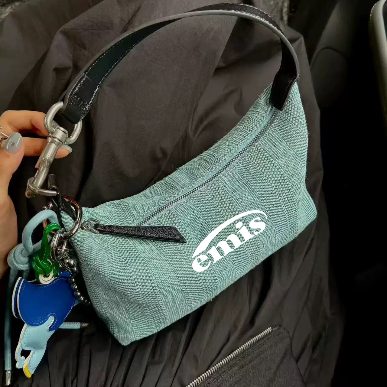 emis单肩斜跨牛仔蓝棉麻包手提包