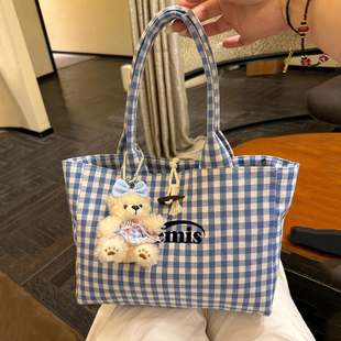 韩代正品emis牛仔扣蓝色格子帆布包女慵懒风大容量单肩托特包