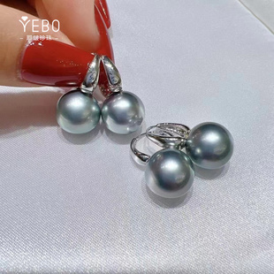 铂金灰简约款珍珠耳环 13-14MM正圆几乎无暇品质 18K白金厚金耳扣