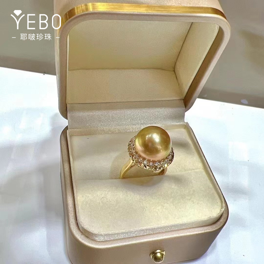 经典金珠戒指 可拆做吊坠 14-15mm 正圆浓茶金色 18K金镶嵌钻石