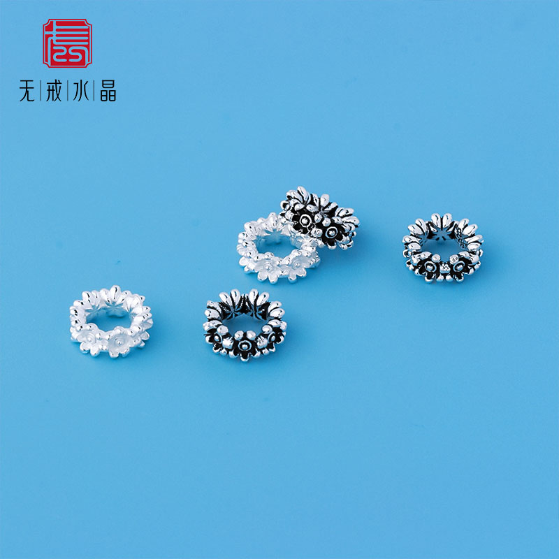 s925纯银复古做旧小雏菊银环隔珠大孔隔片diy手绳手链银饰配件