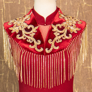 金色流梳丝绒披肩-（隆佳秀走秀旗袍112147）