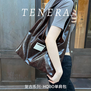 TENERA環(huán)保素皮購物袋大容量單肩斜挎純色百搭通勤手提HOBO小眾