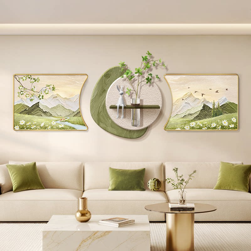 奶油中古风客厅沙发背景墙装饰画2026新款水培绿植挂画三联山水画