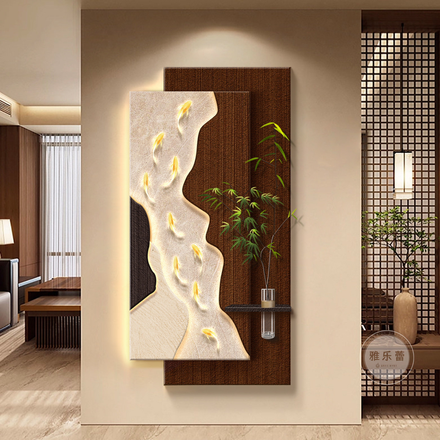 中古风九鱼图玄关装饰画客厅走廊过道挂画高级感入户门造景壁灯画