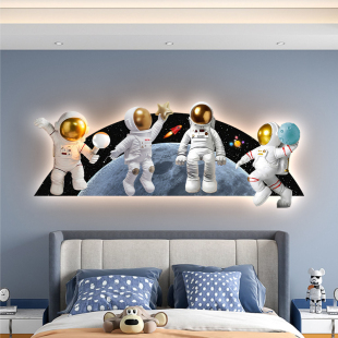 宇航员儿童房装 饰画创意卡通led灯画卧室床头挂画房间背景墙壁画