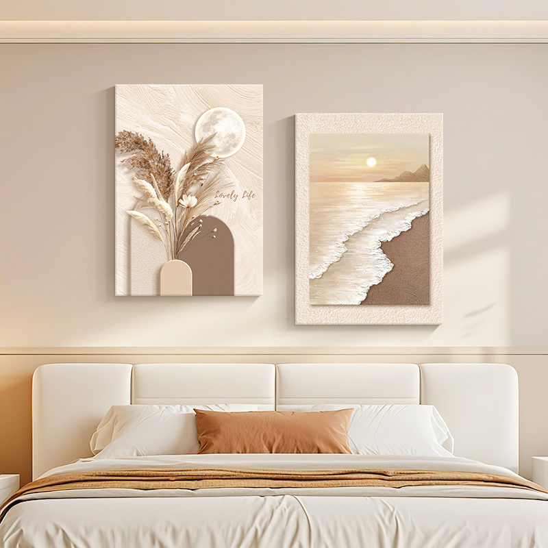 现代简约卧室床头装饰画抽象线条人物挂画奶油风原木风客厅墙壁画图片