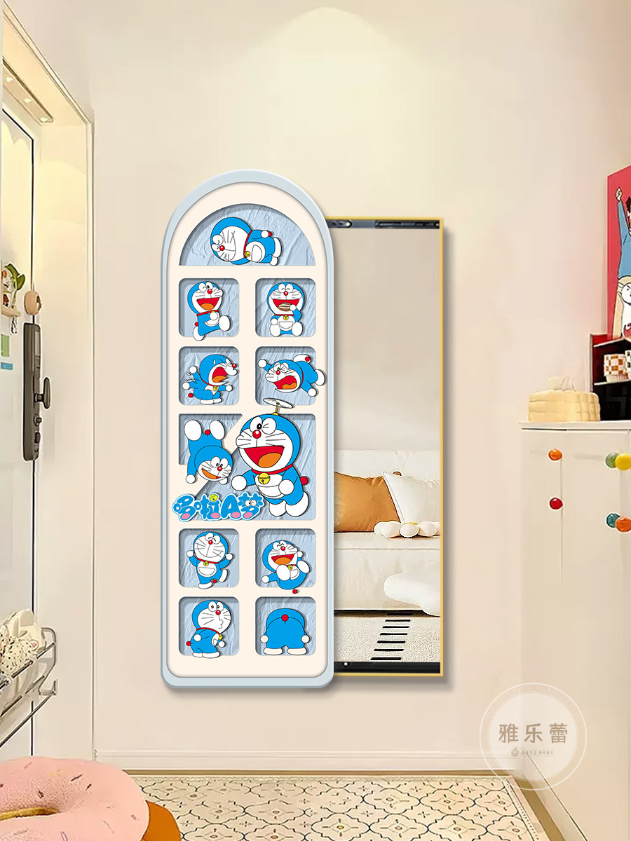 哆啦A梦推拉隐藏式全身镜挂画隐形穿衣镜玄关装饰画镜子画可遮挡
