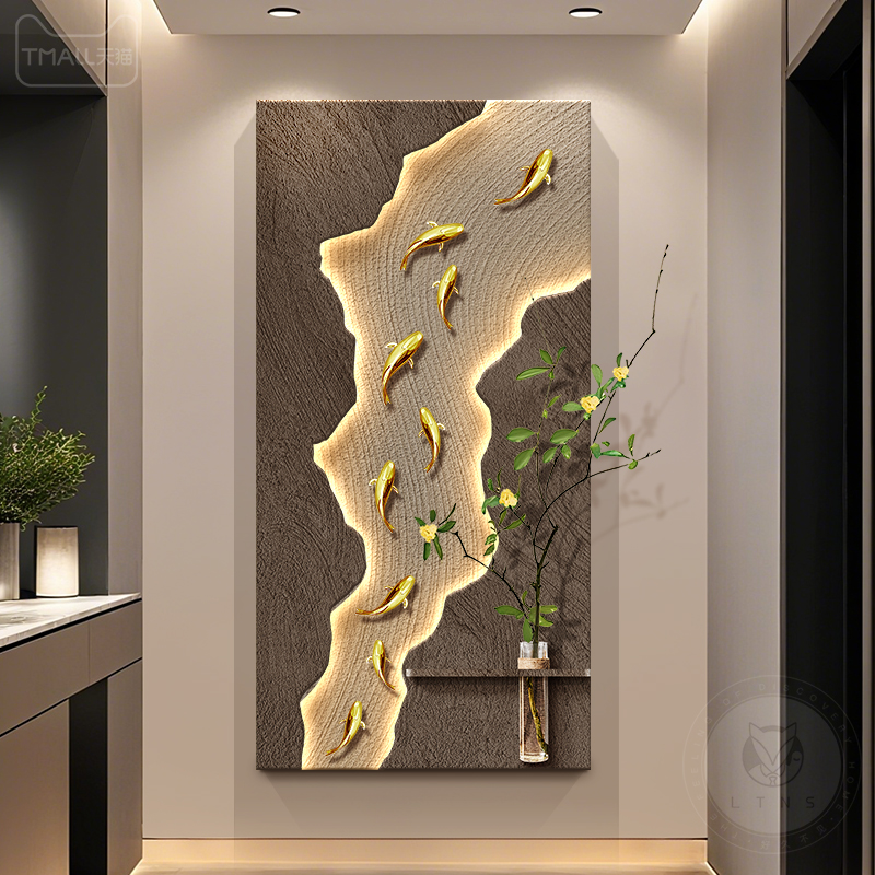 立体九鱼图玄关装饰画现代轻奢发光砂岩肌理画走廊入户正对门壁画图片