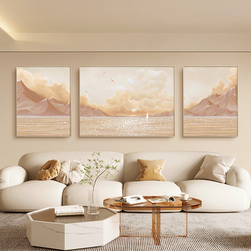 2026新款北欧原木奶油风大海山水画三联客厅装饰画沙发背景墙挂画