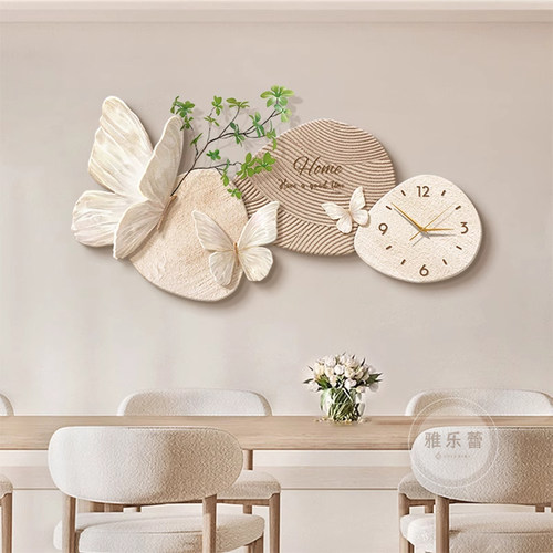 奶油风餐厅装饰画挂钟石来