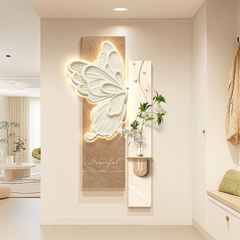 奶油风入户玄关装饰画带灯蝴蝶立体砂岩壁画走廊过道挂画水培绿植