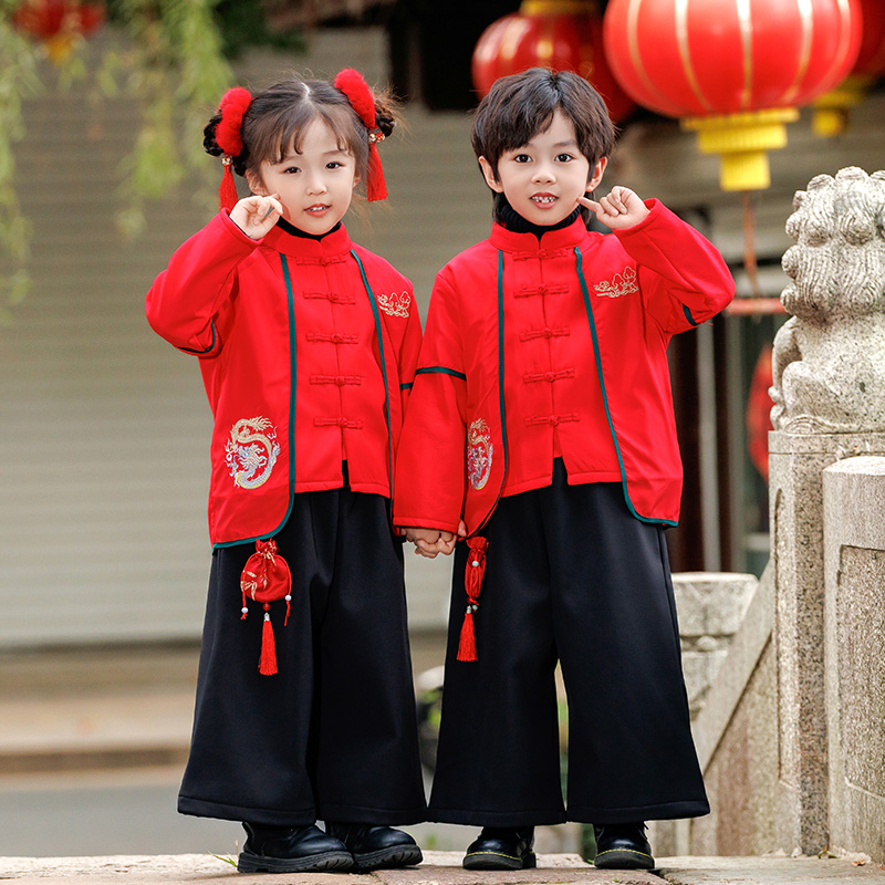 汉服女童秋冬款表演服儿童中国风唐装拜年服元旦节男童加绒演出服