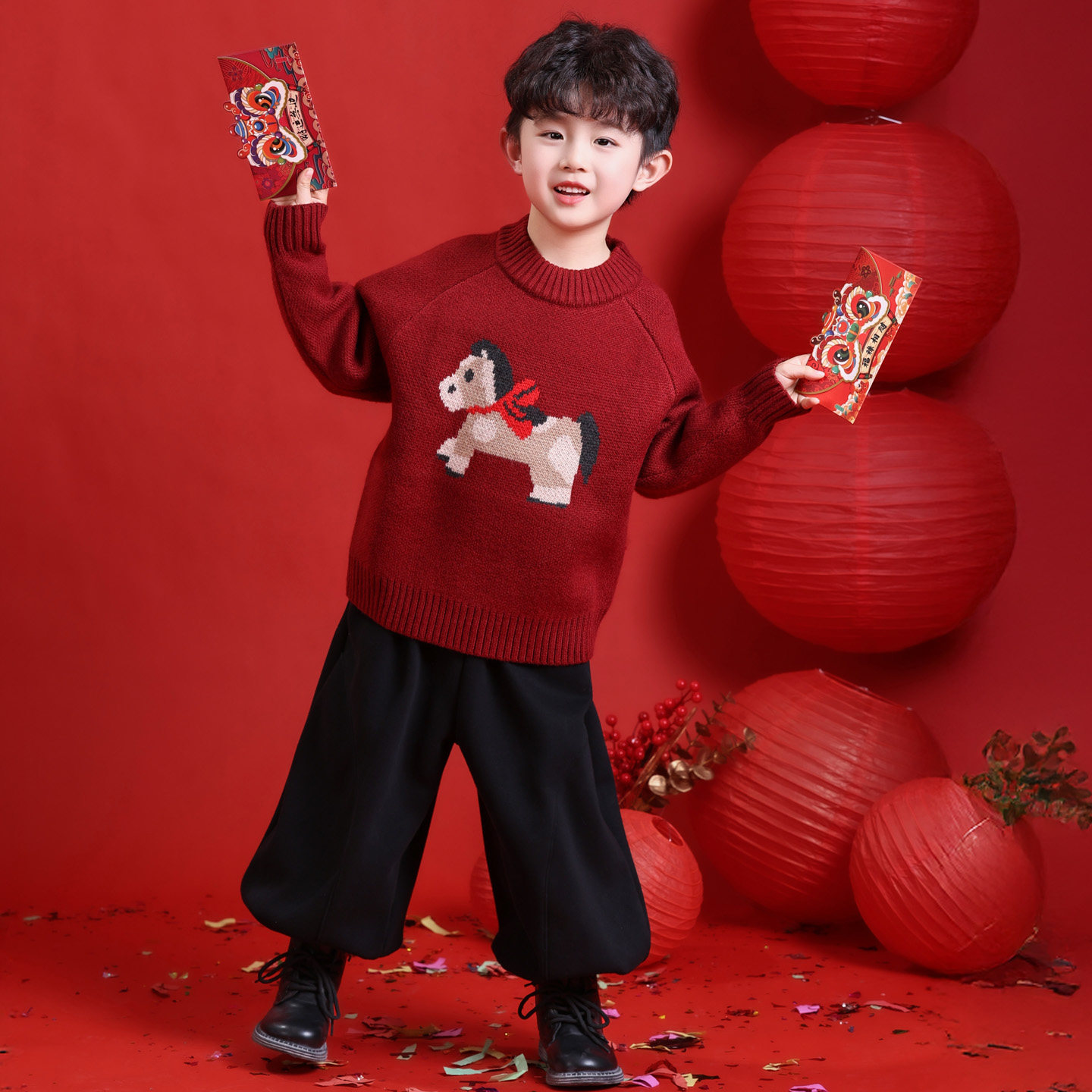 男童秋冬款红色喜庆毛衣2025新款儿童毛线衣女童马年新年打底衫潮,童装/婴儿装/亲子装,毛衣/针织衫,淘宝优惠券,粉丝福利购,淘宝优惠卷