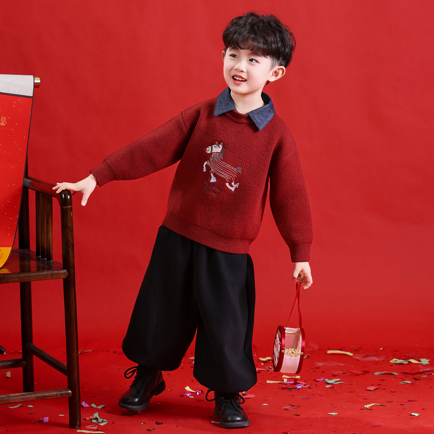 国潮风男童红色毛衣秋冬款儿童休闲针织衫宝宝新年喜庆服装打底衫