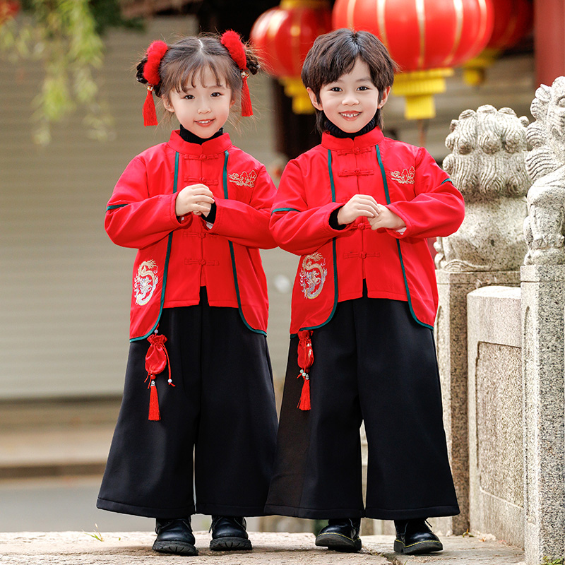 汉服女童秋冬款表演服儿童中国风唐装拜年服元旦节男童加绒演出服