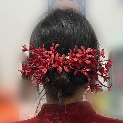 新中式复古红蕙兰花发夹高级感侧边夹新娘头饰国风盘发敬酒服发饰