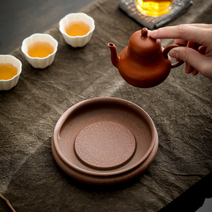 茶壶底座陶瓷复古小茶托盘 粗陶窑变壶承干泡台家用紫砂养壶储水式