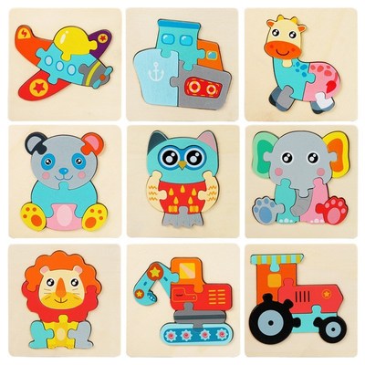 3D Wooden Puzzles Cartoon Animals Kids Cognitive Jigsaw Puzz