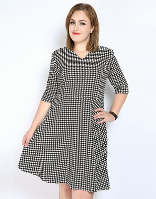 Plus Size Elegant Houndstooth Dress Women V-neck Quarters Sl