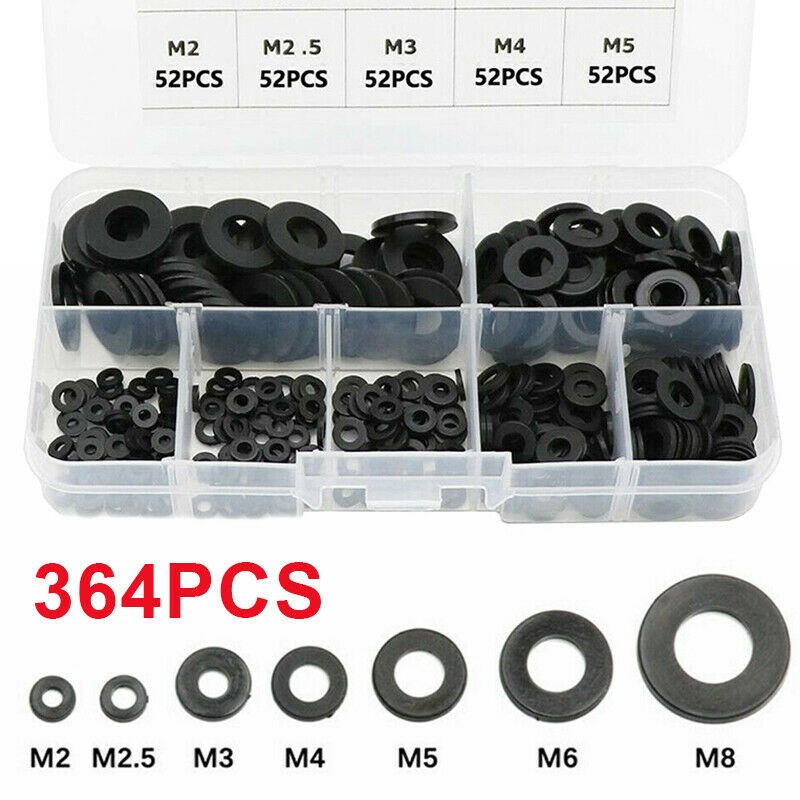364pcs Black Rubber Washer Nylon Flat Rubber Washers Ring Pl