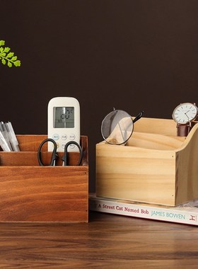 Desktop Organizer Retro Wooden Storage Box Remote Control Ph