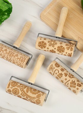Christmas Elk Wooden Rolling Pin Embossing Baking Cookies