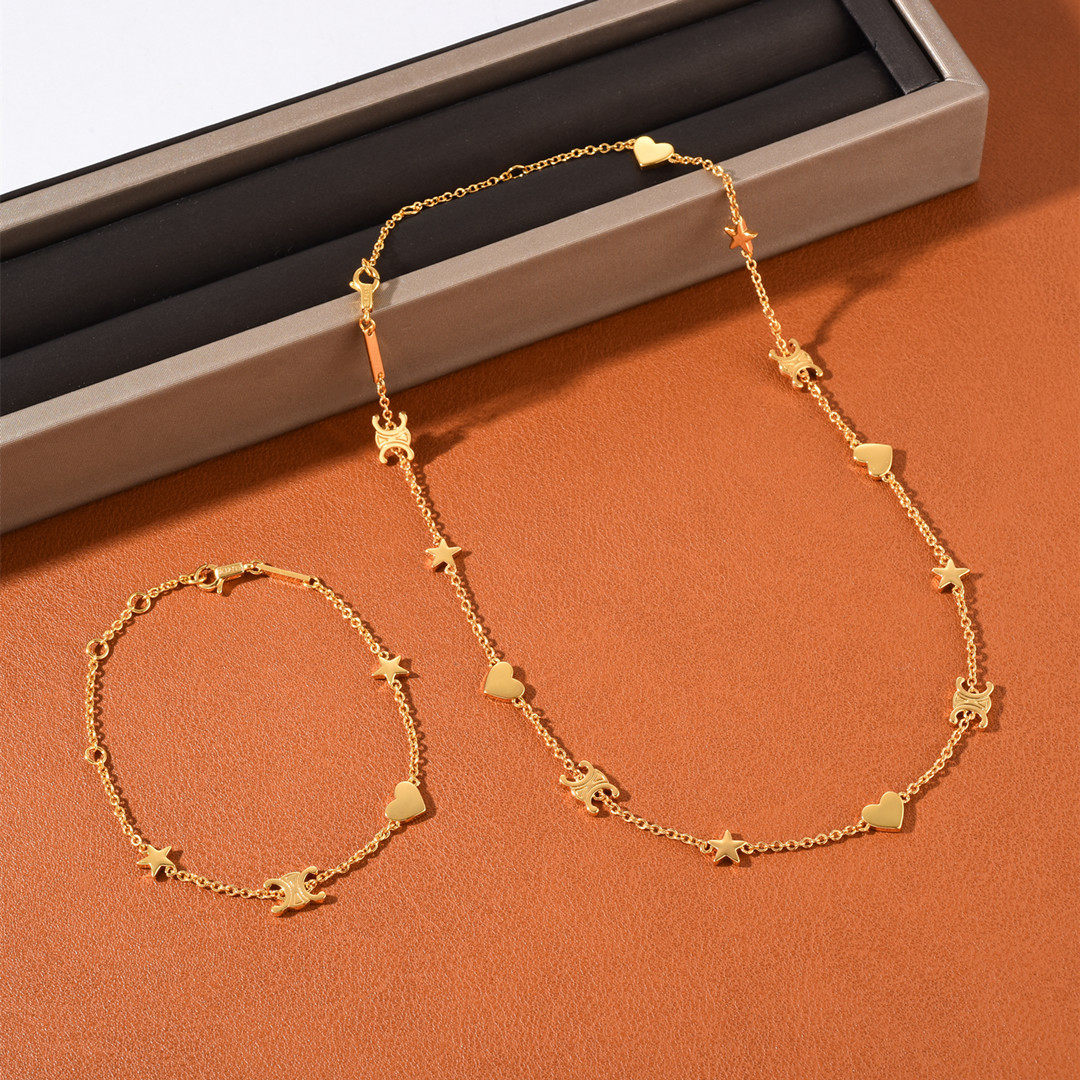 欧美凯旋门爱心五角星五角星拼接项链法式桃心锁骨链环环相扣颈链