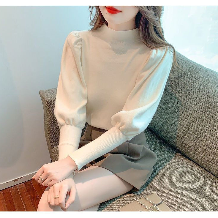 半高领针织衫灯笼袖毛衣女秋冬新款复古气质内搭修身显瘦打底上衣