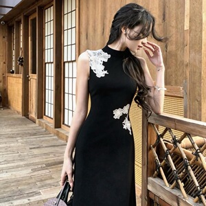 新中式旗袍连衣裙女夏季新款气质显瘦氛围感镂空花朵拼接A字裙子