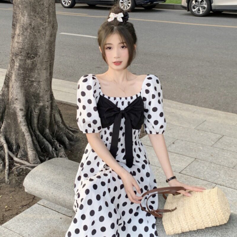 夏季法式蝴蝶结波点收腰连衣裙女