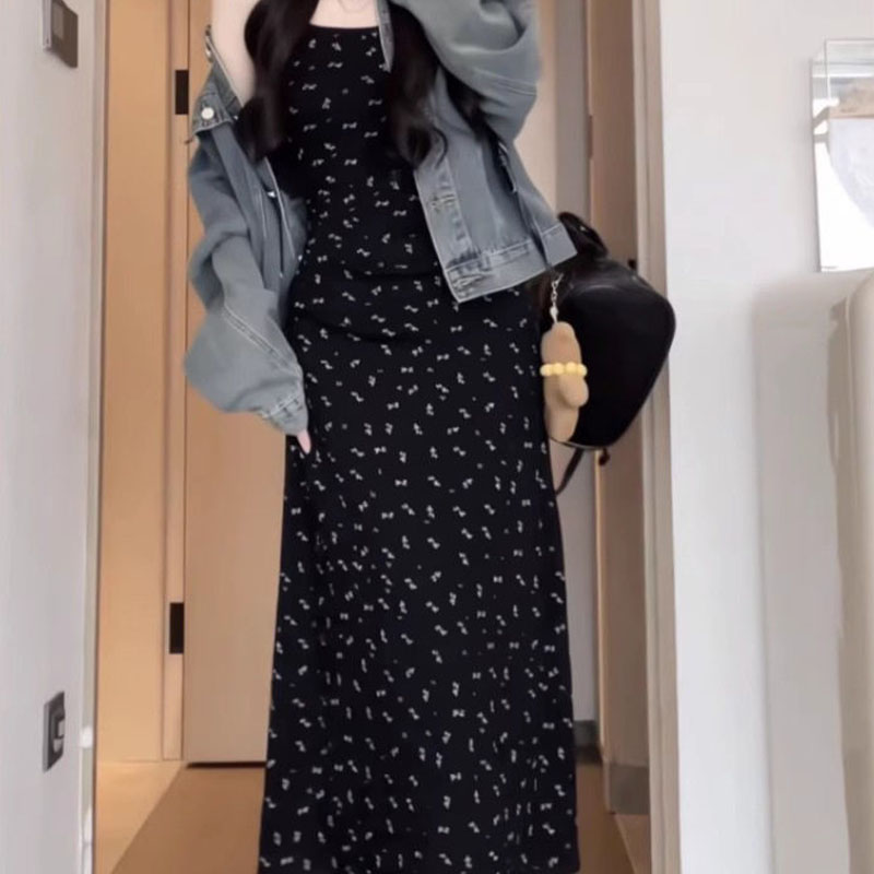 夏季黑色碎花方领收腰吊带长裙女