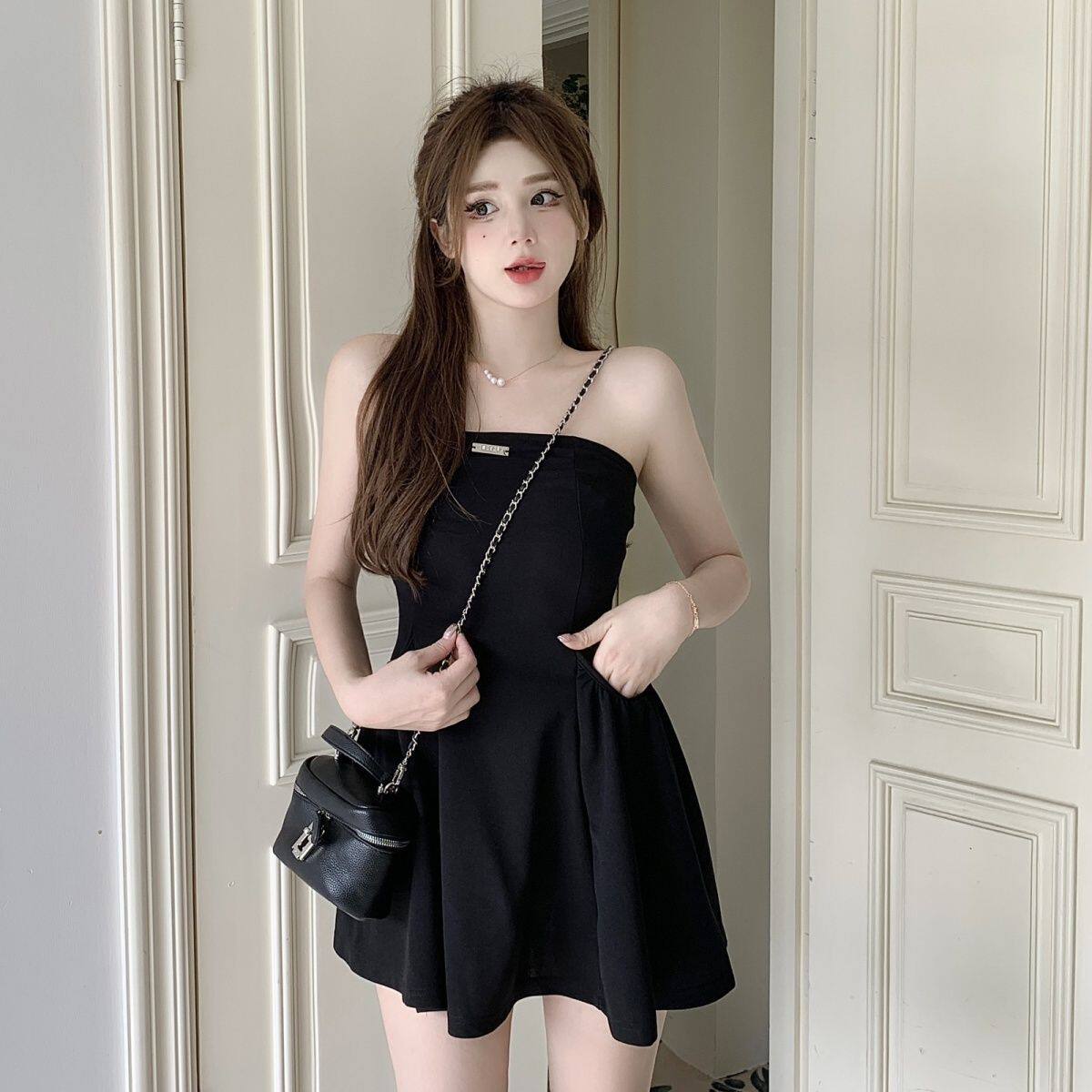 法式赫本风抹胸连衣裙女夏季新款纯欲辣妹小个子坎肩短袖上衣套装